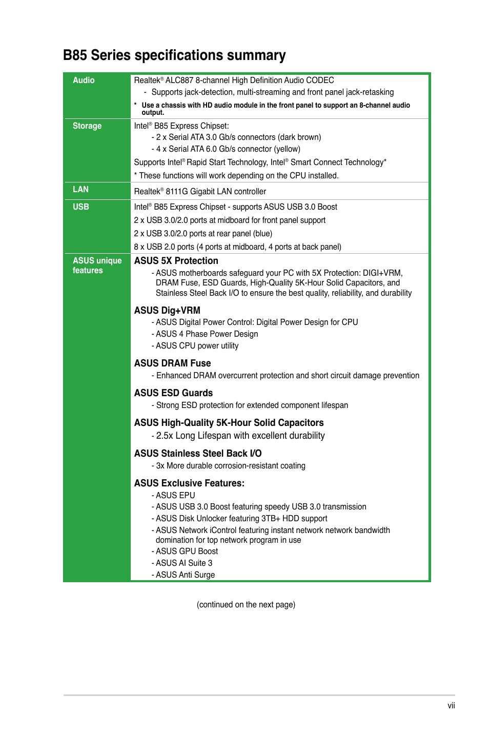 B85 series specifications summary | Asus B85-PRO User Manual | Page 7 / 80