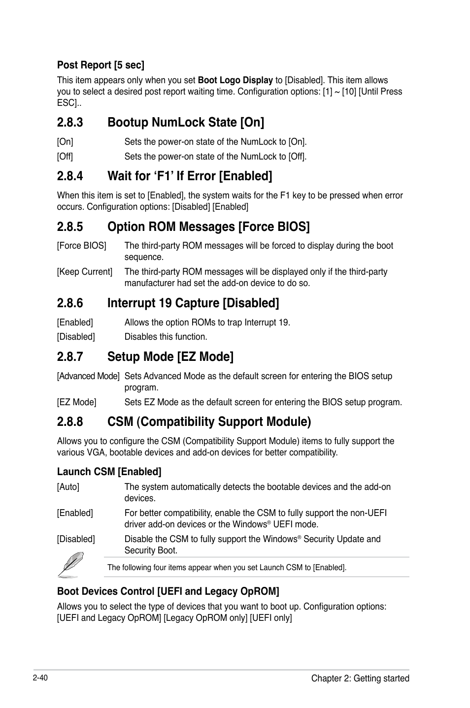3 bootup numlock state [on, 4 wait for ‘f1’ if error [enabled, 5 option rom messages [force bios | 6 interrupt 19 capture [disabled, 7 setup mode [ez mode, 8 csm (compatibility support module) | Asus B85-PRO User Manual | Page 70 / 80