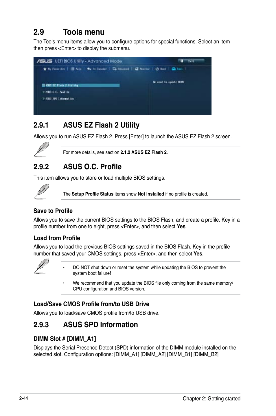 9 tools menu, Tools menu -44, 1 asus ez flash 2 utility | 2 asus o.c. profile, 3 asus spd information | Asus B85-PRO User Manual | Page 74 / 80