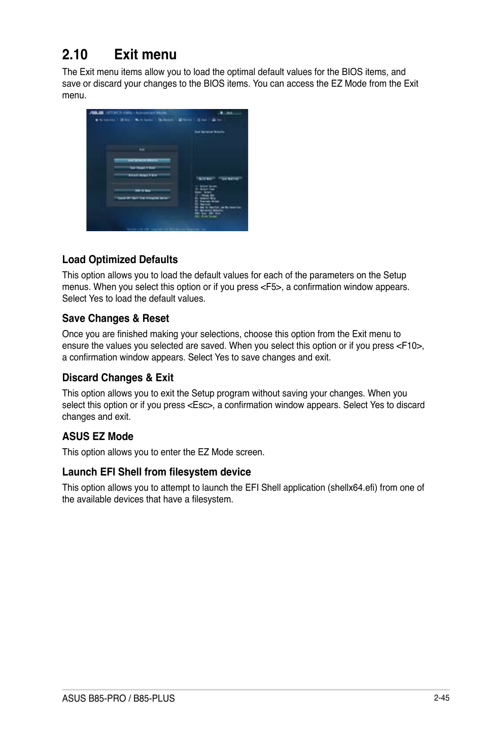 10 exit menu, 10 exit menu -45 | Asus B85-PRO User Manual | Page 75 / 80