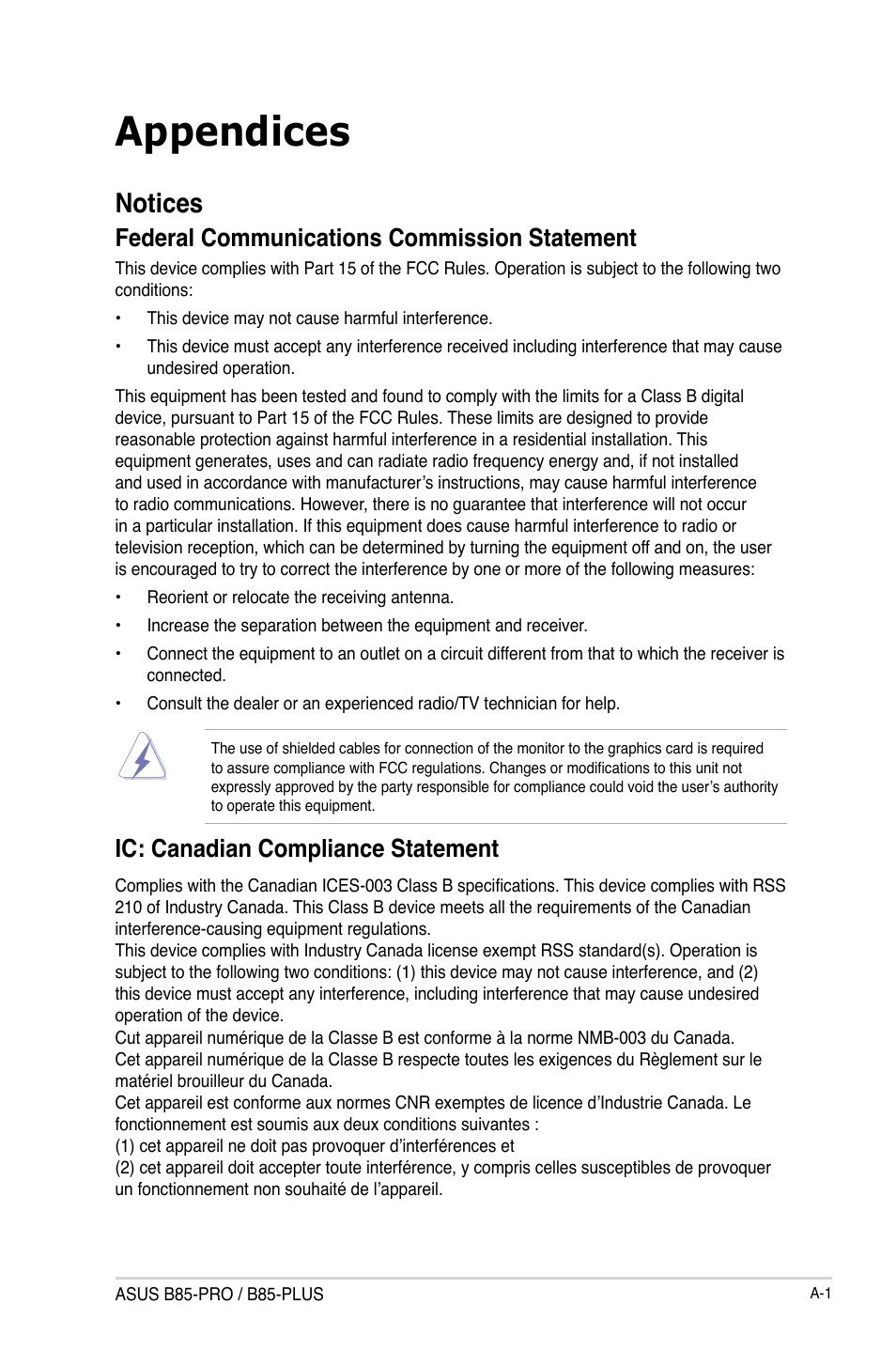 Appendices, Notices, Federal communications commission statement | Ic: canadian compliance statement | Asus B85-PRO User Manual | Page 76 / 80