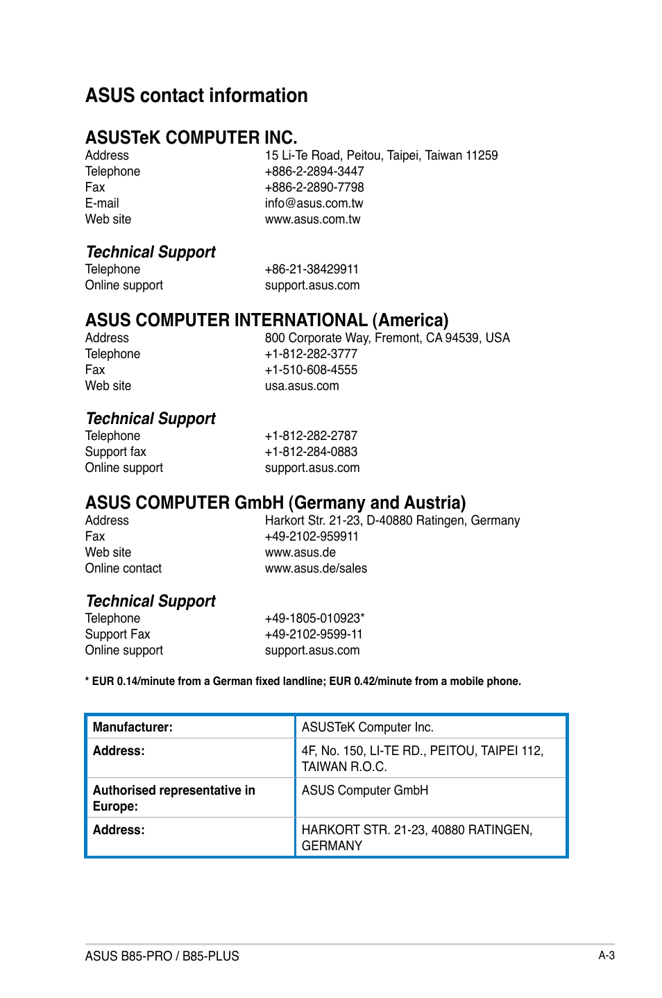 Asus contact information, Asustek computer inc, Asus computer international (america) | Asus computer gmbh (germany and austria), Technical support | Asus B85-PRO User Manual | Page 78 / 80