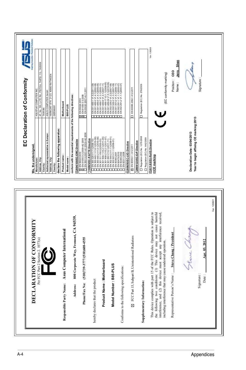 Declaration of conformity, Appendices, Ec declaration of conformity | Asu s c om pu te r in te rn at io na l, Address: 800 corporate way, fremont | Asus B85-PRO User Manual | Page 79 / 80