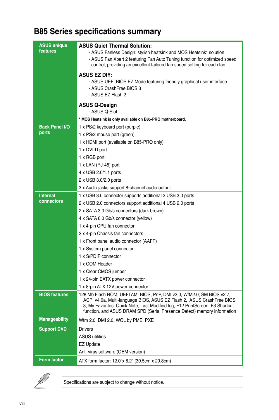 B85 series specifications summary | Asus B85-PRO User Manual | Page 8 / 80