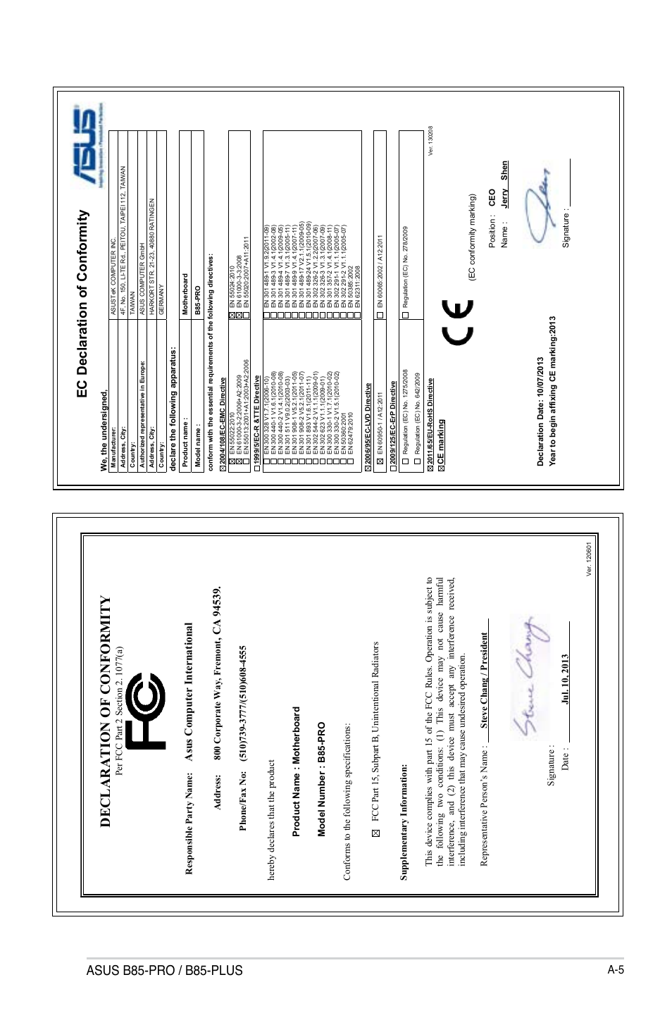 Declaration of conformity, Asus b85-pro / b85-plus, Ec declaration of conformity | Asu s c om pu te r in te rn at io na l, Address: 800 corporate way, fremont | Asus B85-PRO User Manual | Page 80 / 80
