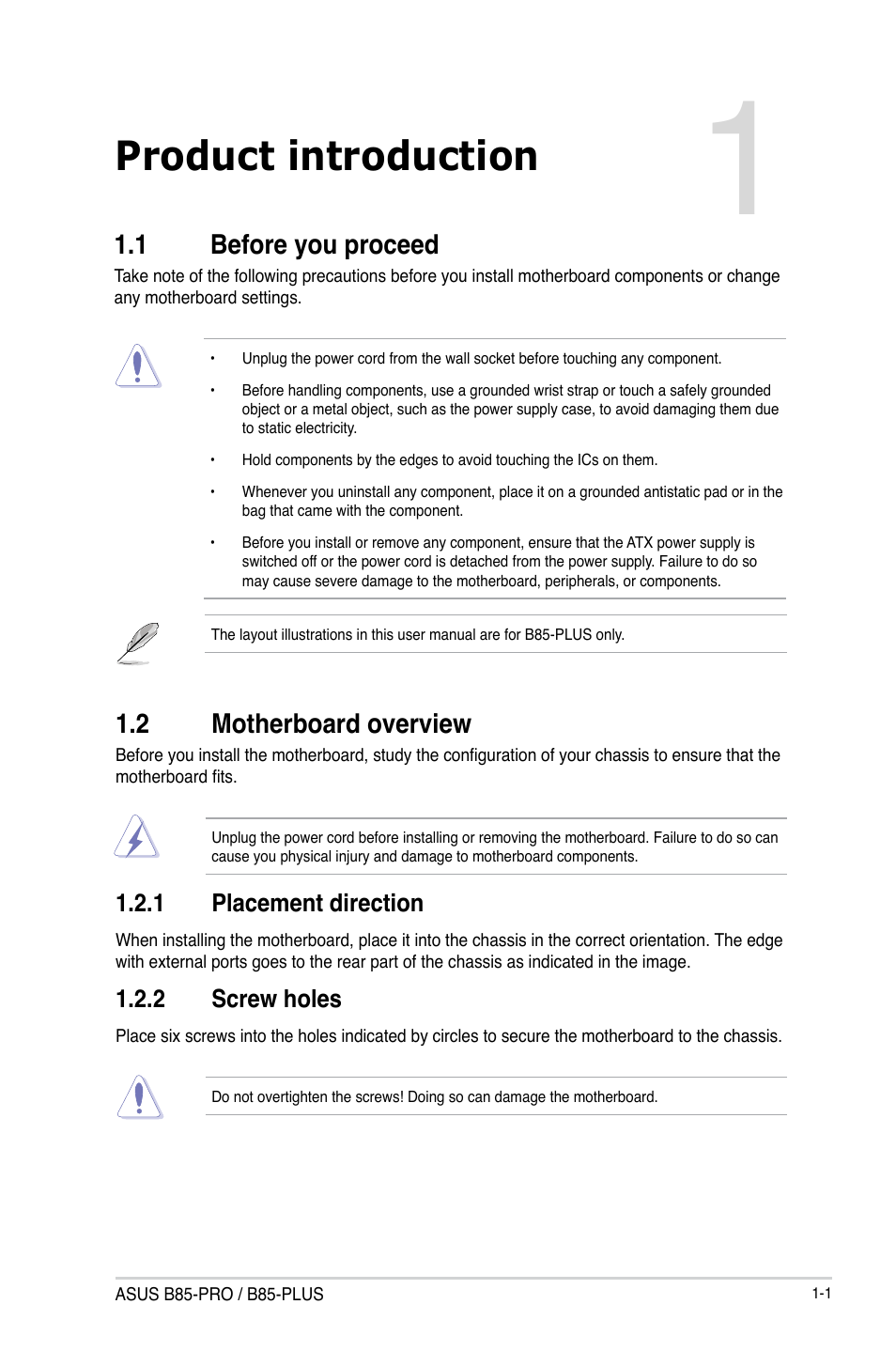 Product introduction, 1 before you proceed, 2 motherboard overview | Before you proceed -1, Motherboard overview -1 | Asus B85-PRO User Manual | Page 9 / 80