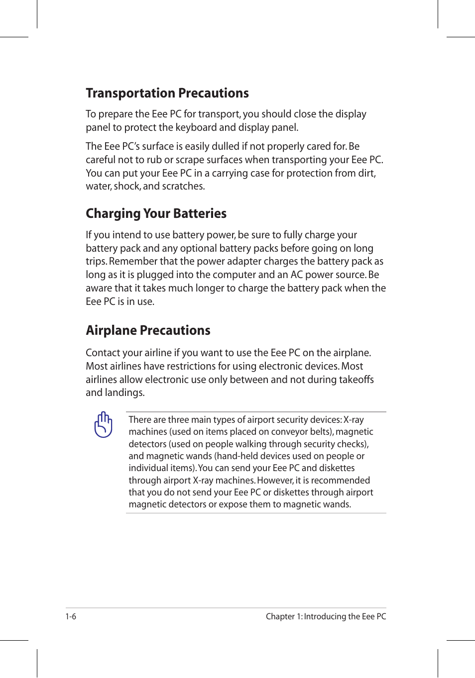 Transportation precautions, Charging your batteries, Airplane precautions | Asus Eee PC 8G/Linux User Manual | Page 10 / 80