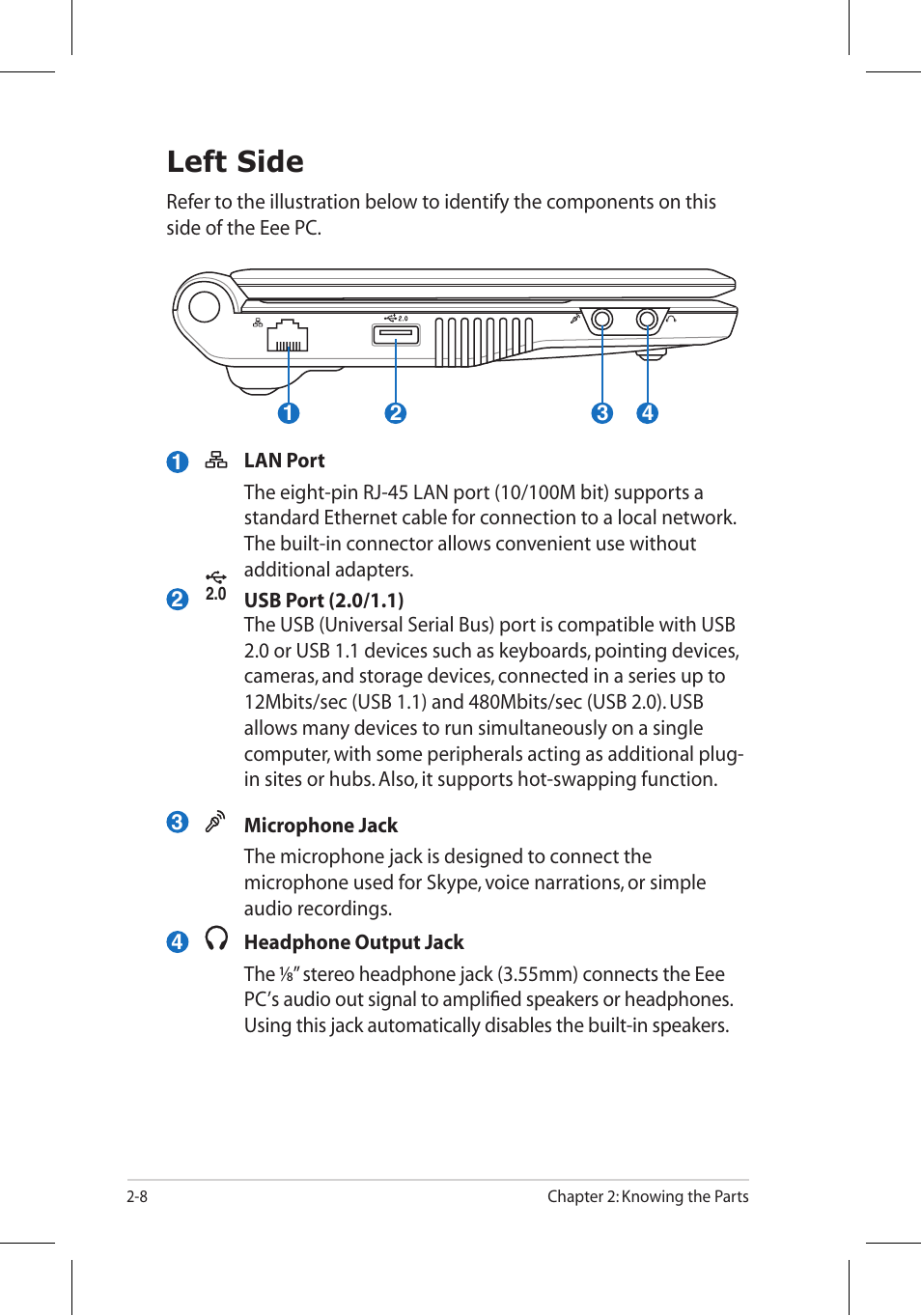 Left side | Asus Eee PC 8G/Linux User Manual | Page 20 / 80