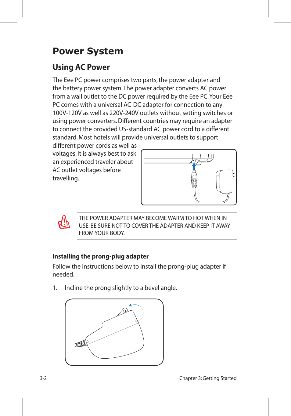 Power system, Using ac power | Asus Eee PC 8G/Linux User Manual | Page 24 / 80