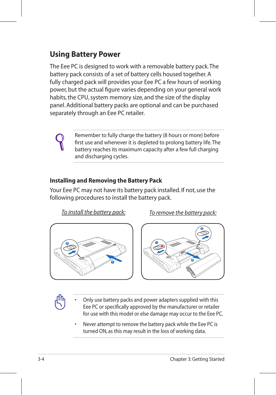 Using battery power | Asus Eee PC 8G/Linux User Manual | Page 26 / 80