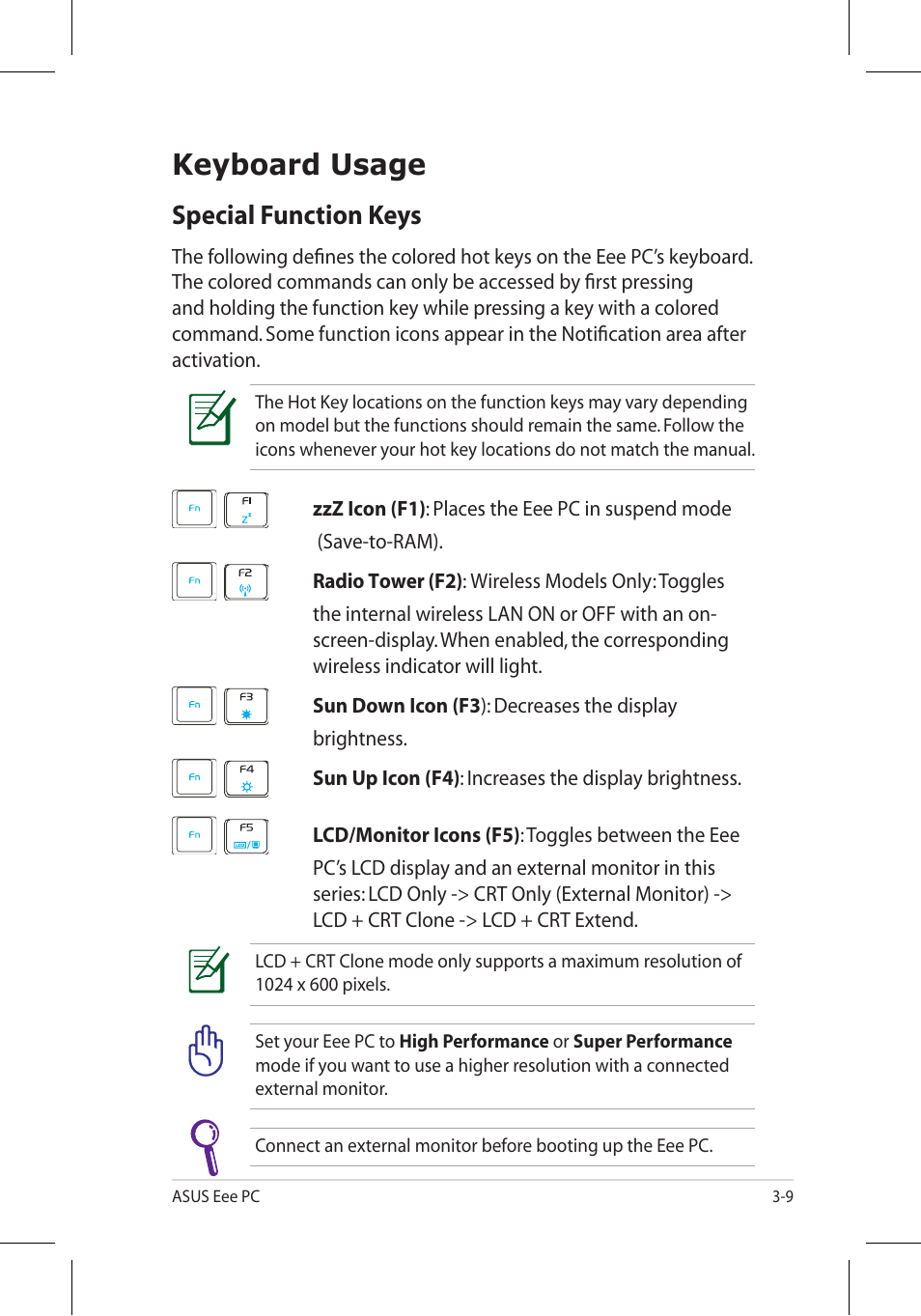 Keyboard usage, Special function keys | Asus Eee PC 8G/Linux User Manual | Page 31 / 80