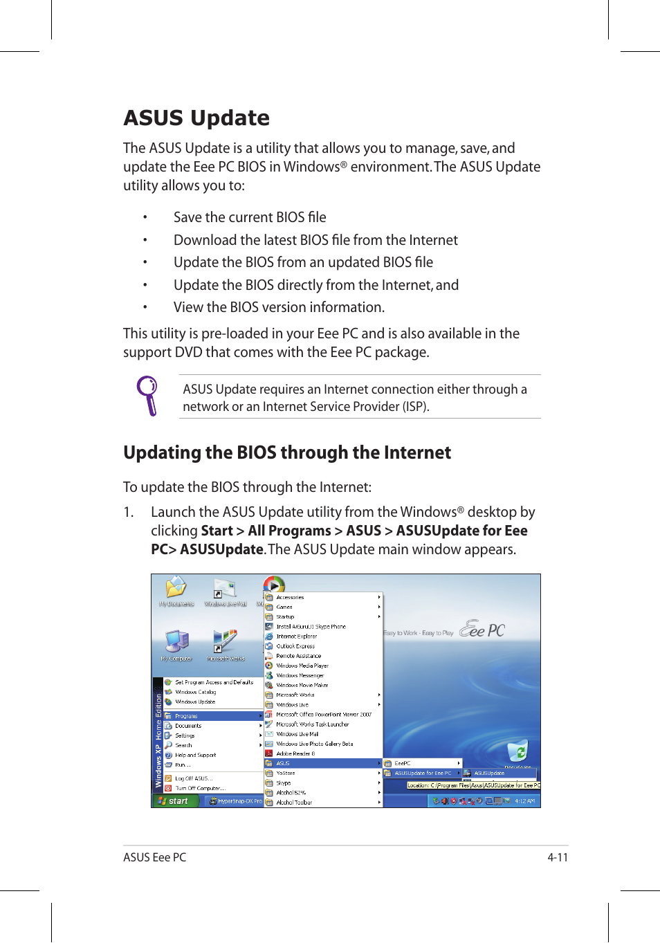 Asus update, Updating the bios through the internet | Asus Eee PC 8G/Linux User Manual | Page 51 / 80