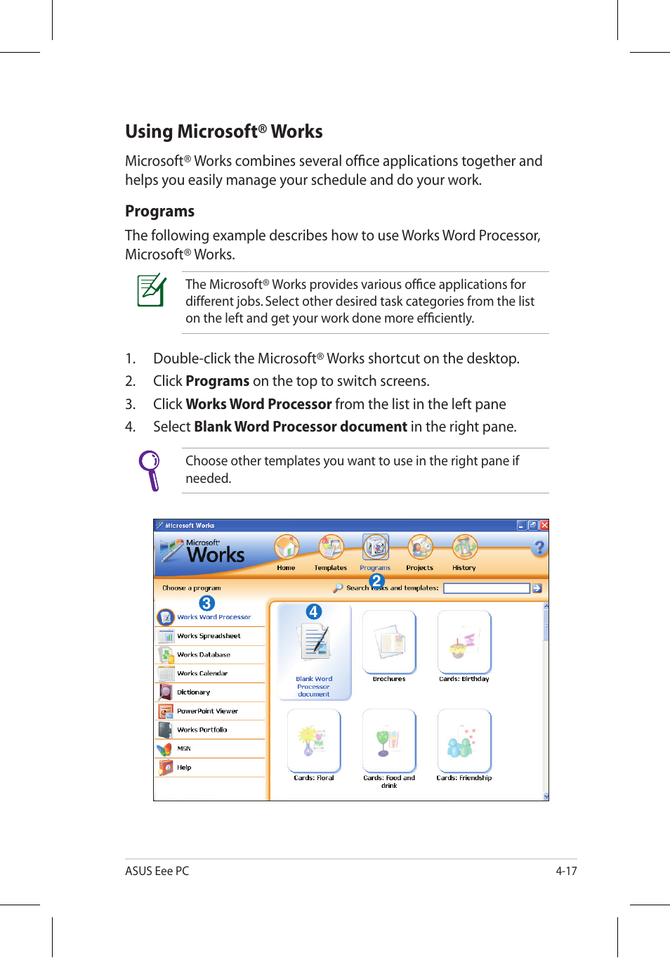 Using microsoft® works | Asus Eee PC 8G/Linux User Manual | Page 57 / 80