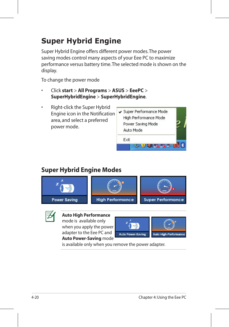 Super hybrid engine, Super hybrid engine modes | Asus Eee PC 8G/Linux User Manual | Page 60 / 80