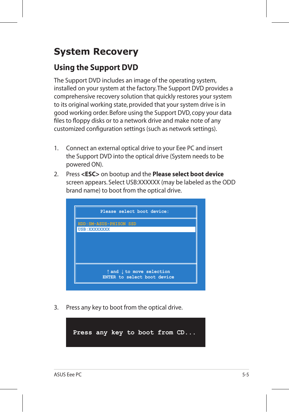 System recovery, Using the support dvd | Asus Eee PC 8G/Linux User Manual | Page 67 / 80