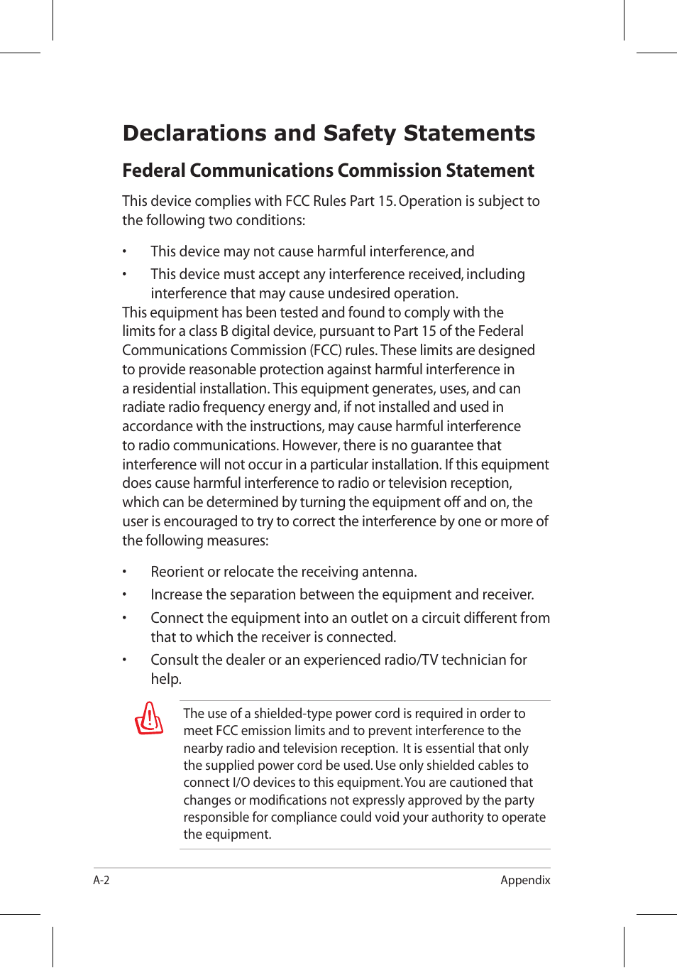 Declarations and safety statements, Federal communications commission statement | Asus Eee PC 8G/Linux User Manual | Page 70 / 80