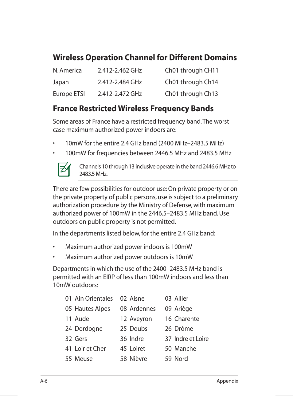 Wireless operation channel for different domains, France restricted wireless frequency bands | Asus Eee PC 8G/Linux User Manual | Page 74 / 80