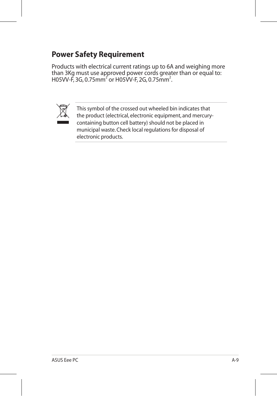 Power safety requirement | Asus Eee PC 8G/Linux User Manual | Page 77 / 80