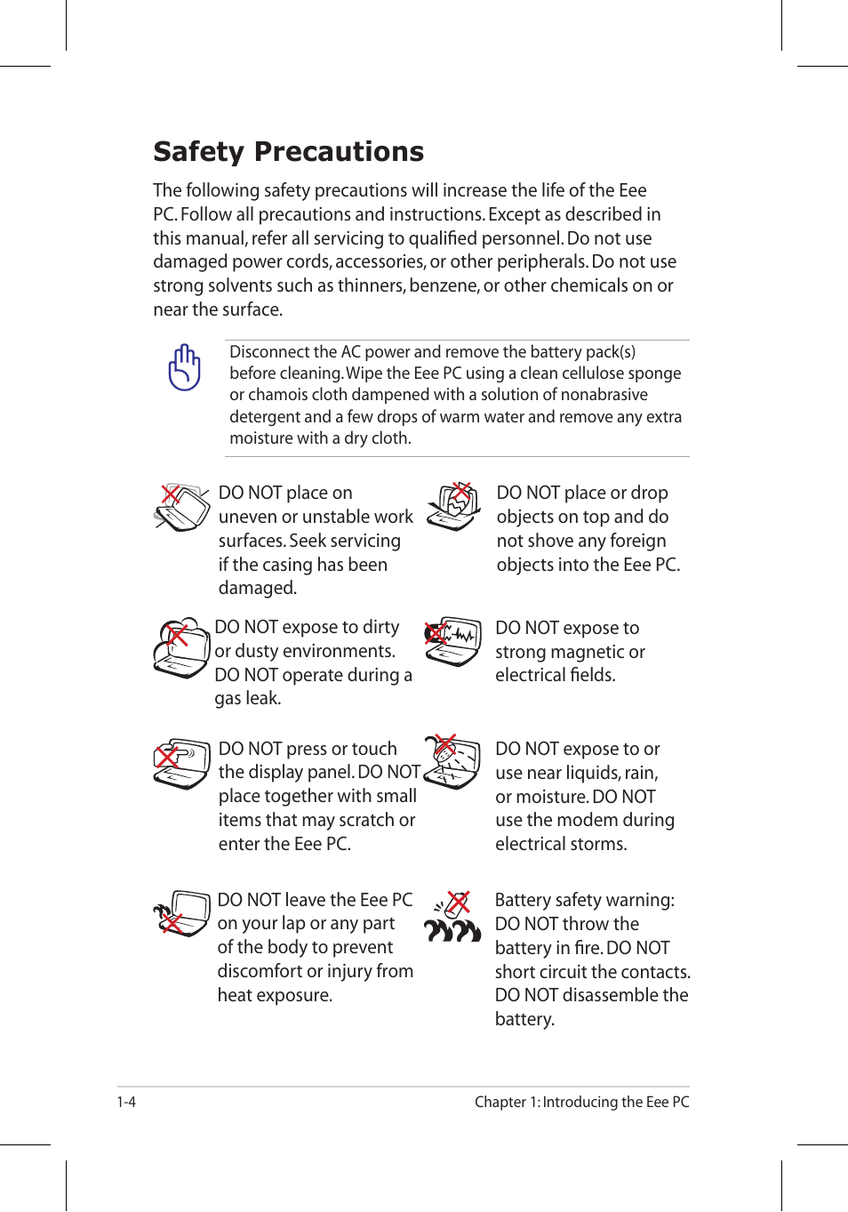 Safety precautions | Asus Eee PC 8G/Linux User Manual | Page 8 / 80