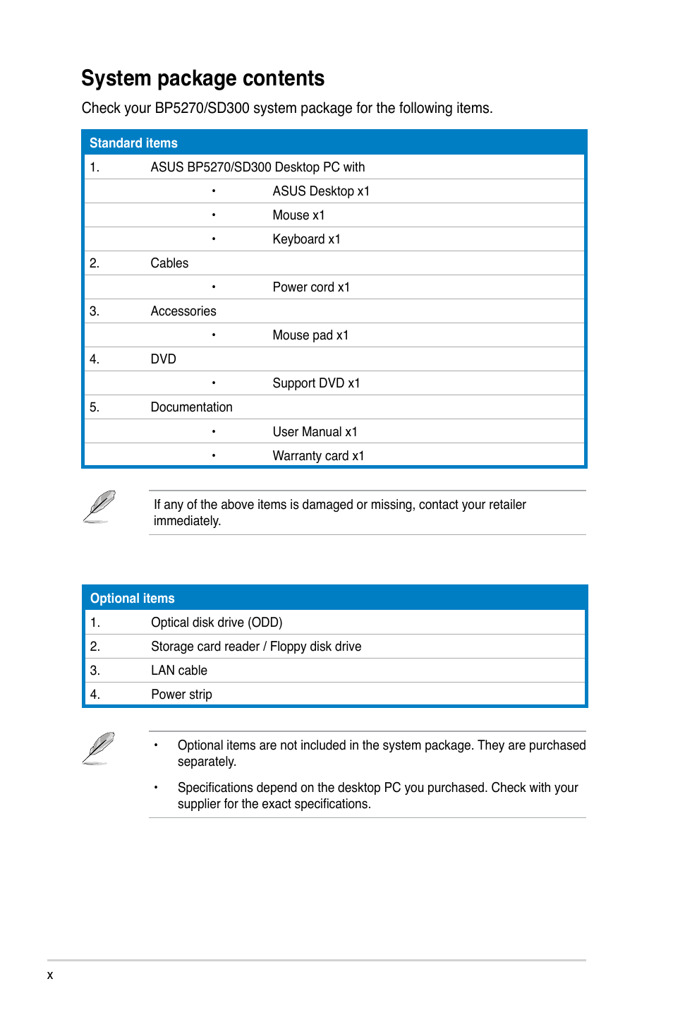 System package contents | Asus BP5270 User Manual | Page 10 / 33