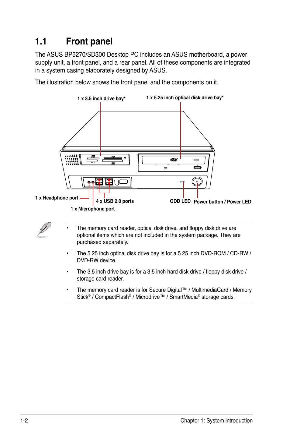 1 front panel, Front panel -2 | Asus BP5270 User Manual | Page 12 / 33