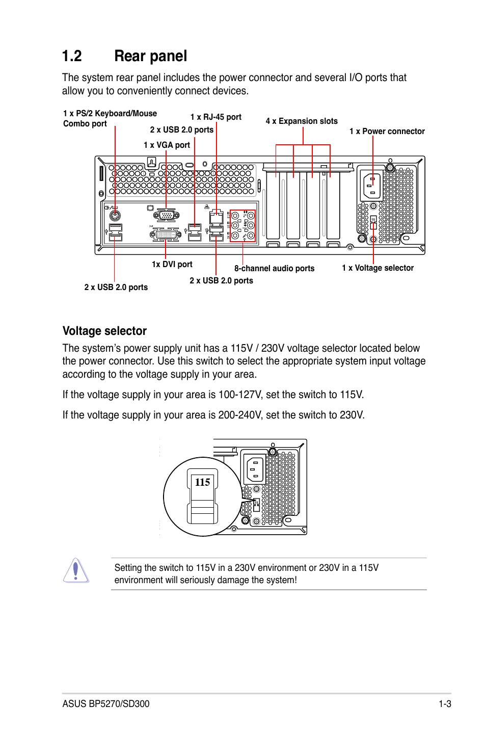 2 rear panel, Rear panel -3, Voltage selector | Asus BP5270 User Manual | Page 13 / 33