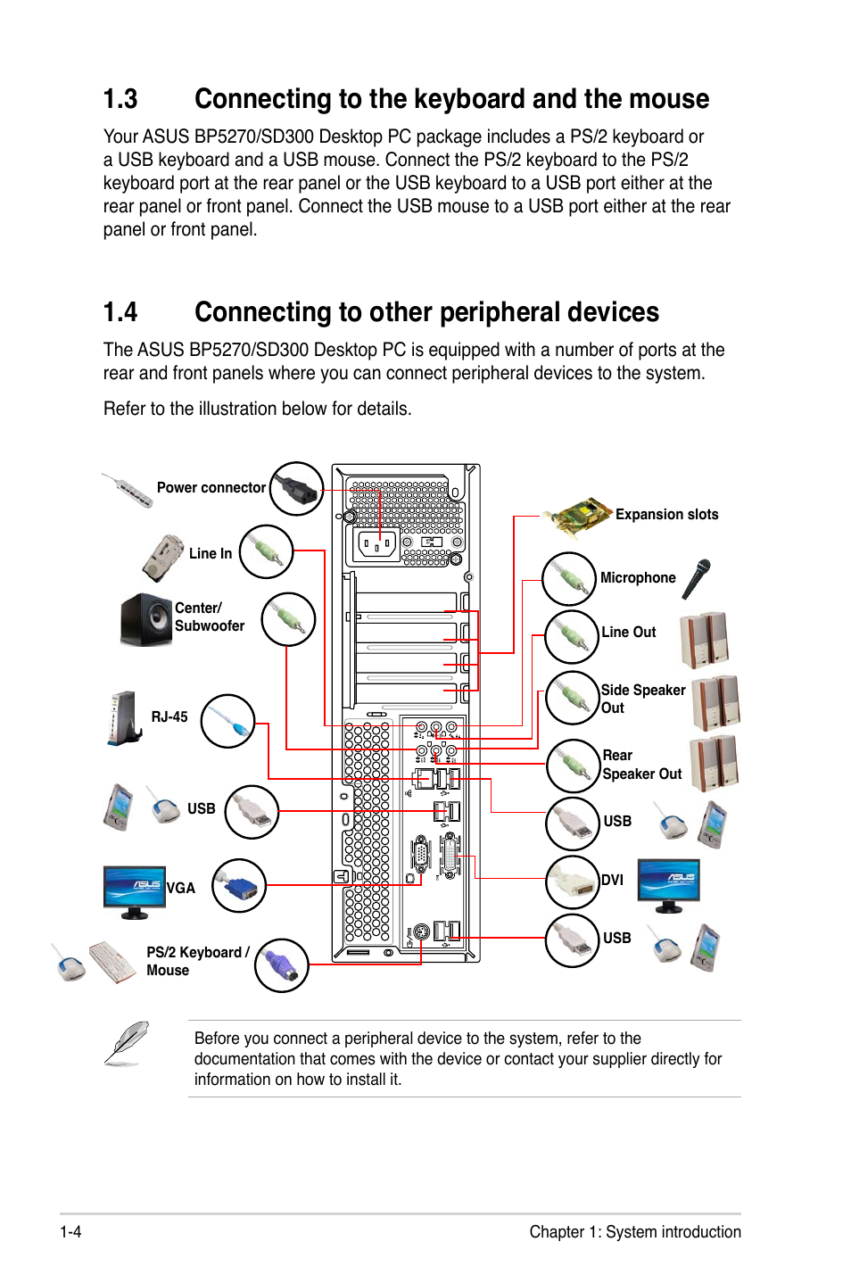 3 connecting to the keyboard and the mouse, 4 connecting to other peripheral devices, Connecting to the keyboard and the mouse -4 | Connecting to other peripheral devices -4, 3 connecting to the keyboard and the mouse | Asus BP5270 User Manual | Page 14 / 33