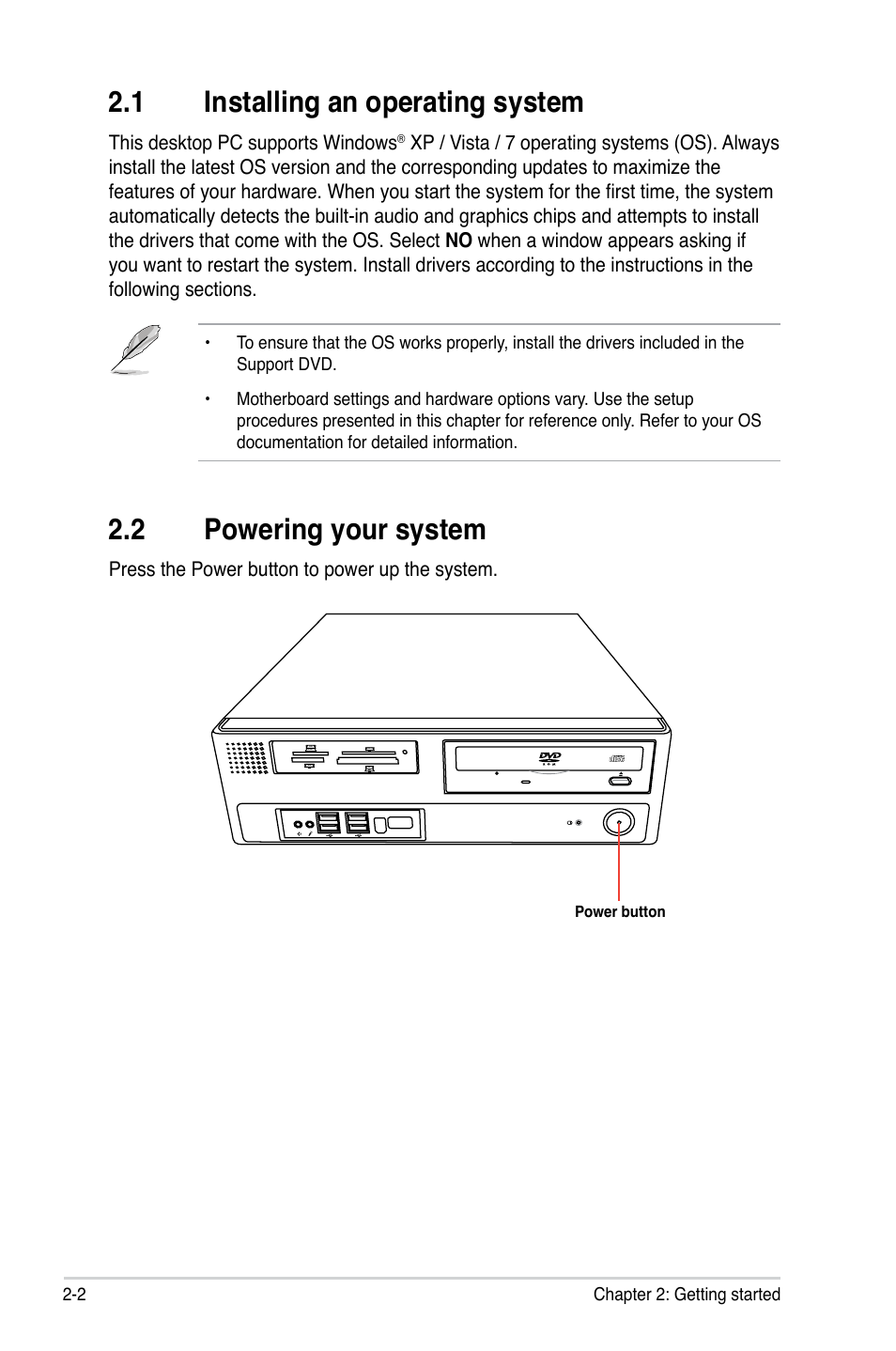 1 installing an operating system, 2 powering your system, Installing an operating system -2 | Powering your system -2 | Asus BP5270 User Manual | Page 16 / 33