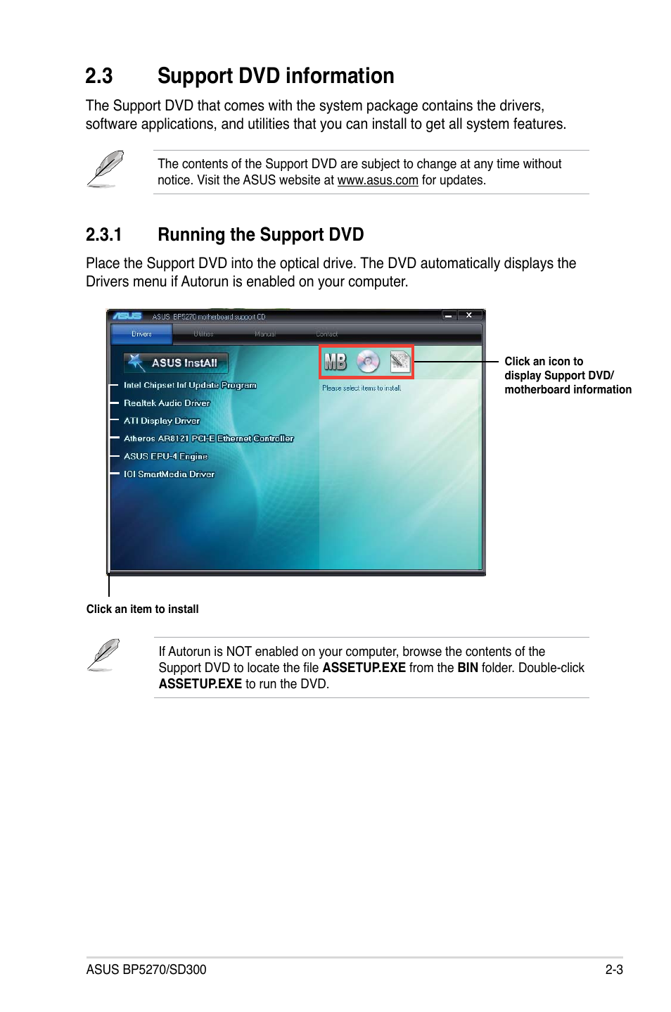 3 support dvd information, 1 running the support dvd, Support dvd information -3 2.3.1 | Running the support dvd -3 | Asus BP5270 User Manual | Page 17 / 33