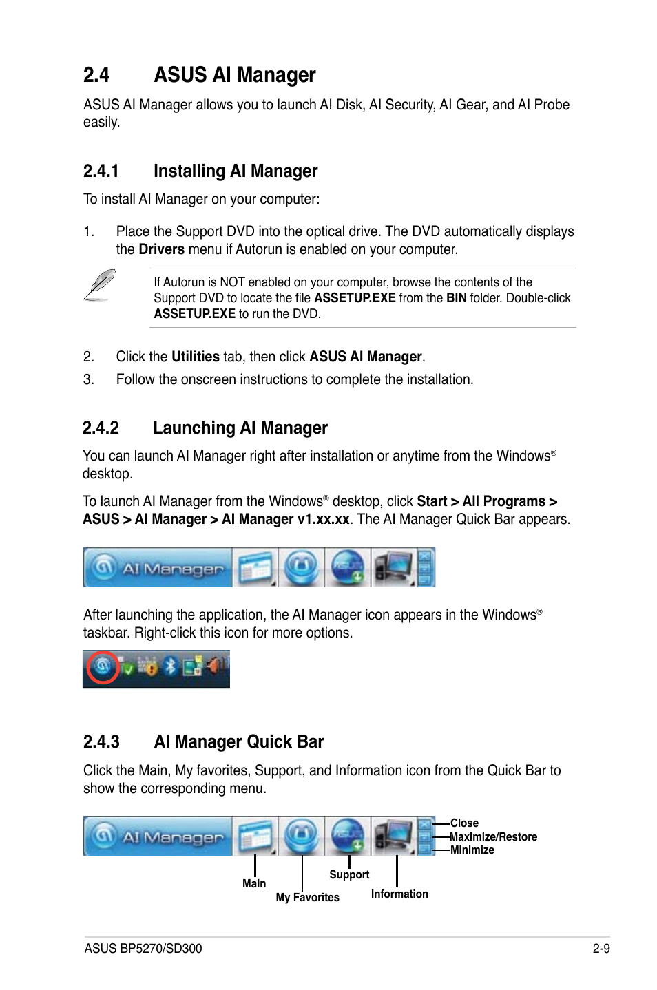 4 asus ai manager, 1 installing ai manager, 2 launching ai manager | 3 ai manager quick bar, Asus ai manager -9 2.4.1, Installing ai manager -9, Launching ai manager -9, Ai manager quick bar -9 | Asus BP5270 User Manual | Page 23 / 33