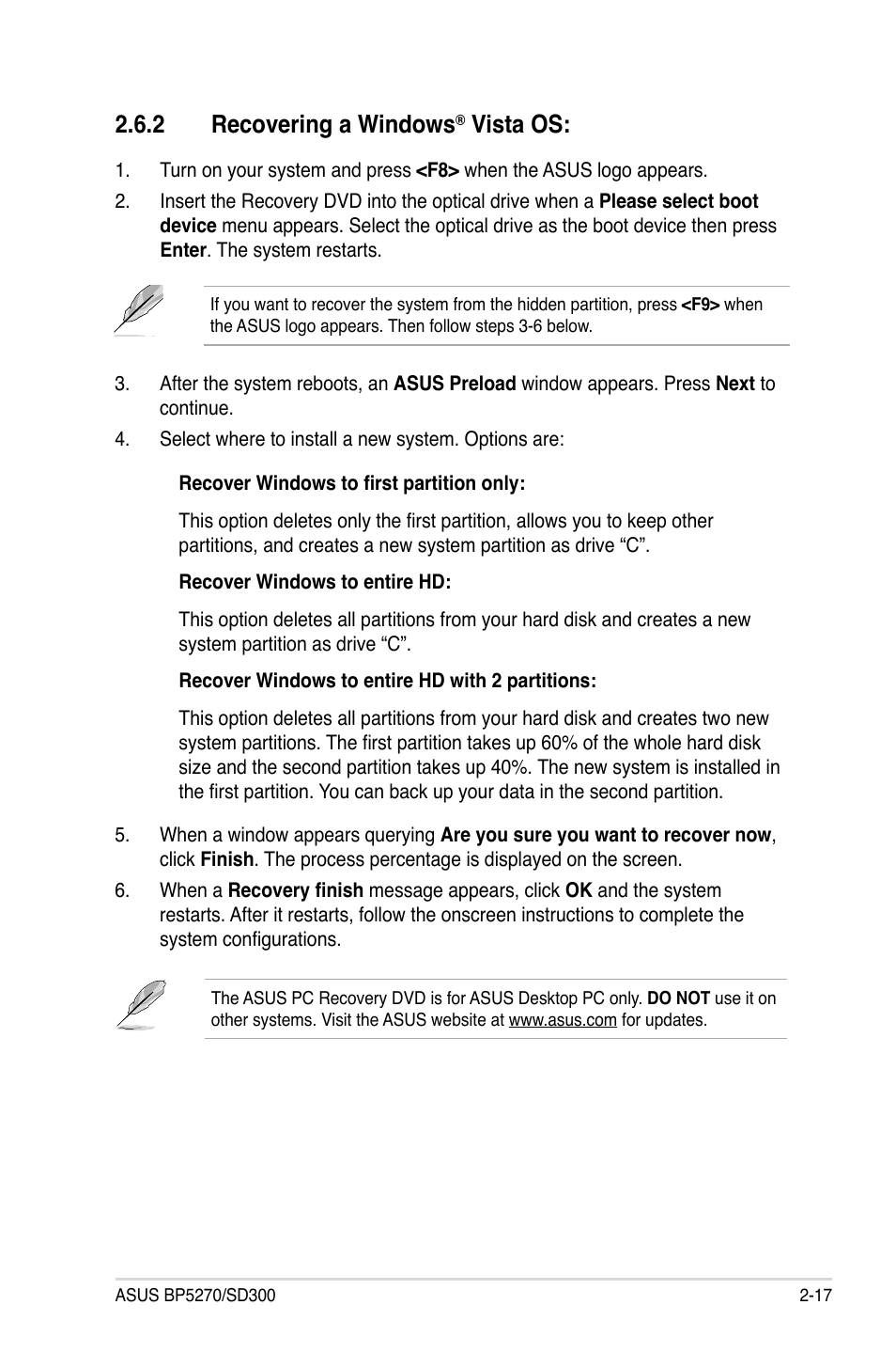 2 recovering a windows® vista os, Recovering a windows, Vista os: -17 | 2 recovering a windows, Vista os | Asus BP5270 User Manual | Page 31 / 33