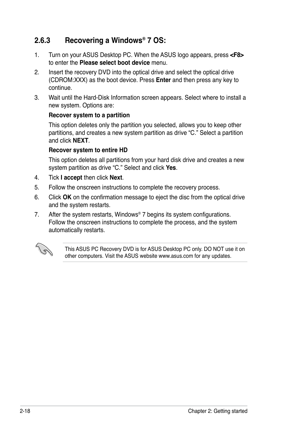 3 recovering a windows® 7 os, Recovering a windows, 7 os: -18 | 3 recovering a windows, 7 os | Asus BP5270 User Manual | Page 32 / 33