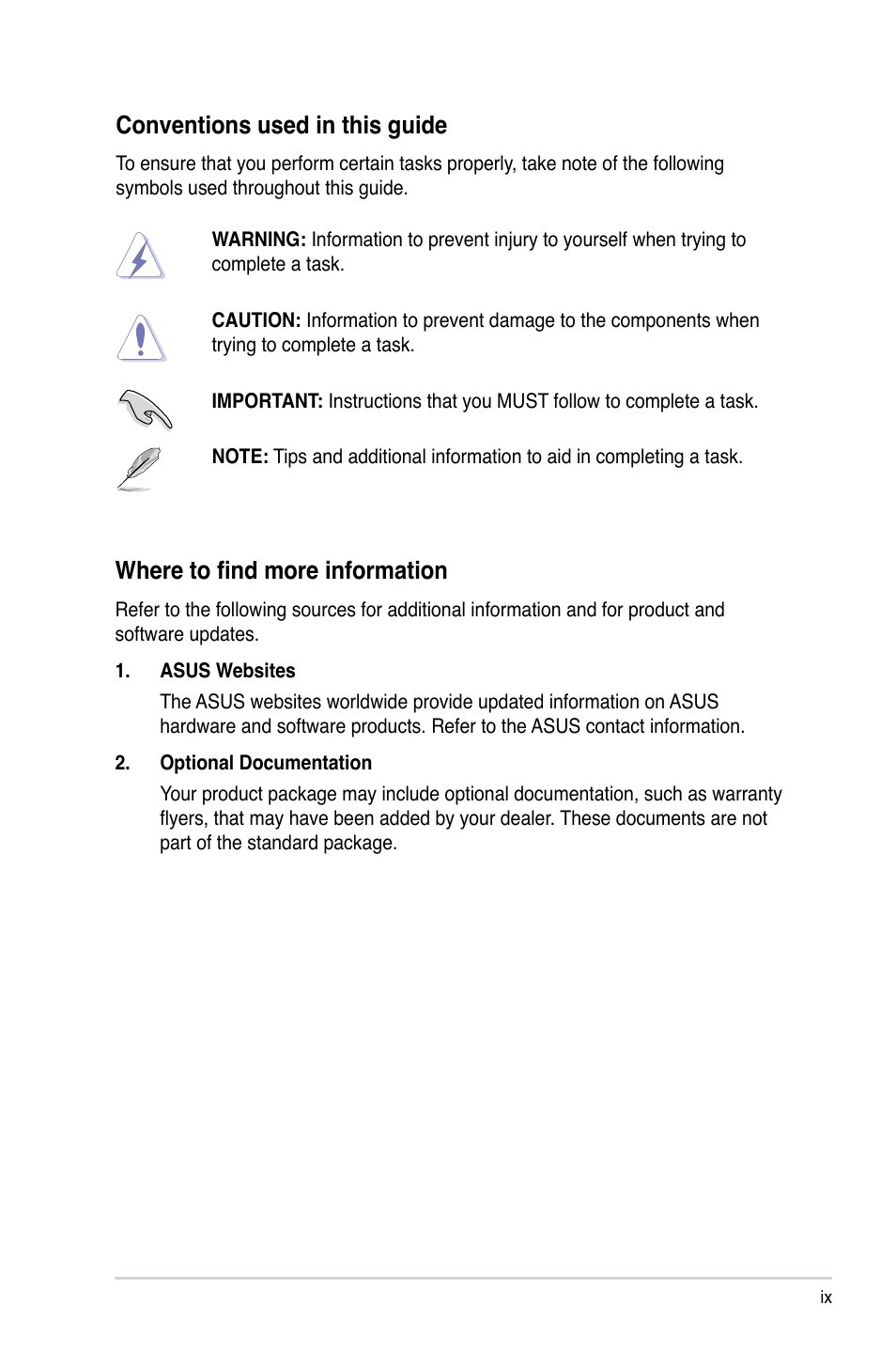 Conventions used in this guide, Where to find more information | Asus BP5270 User Manual | Page 9 / 33