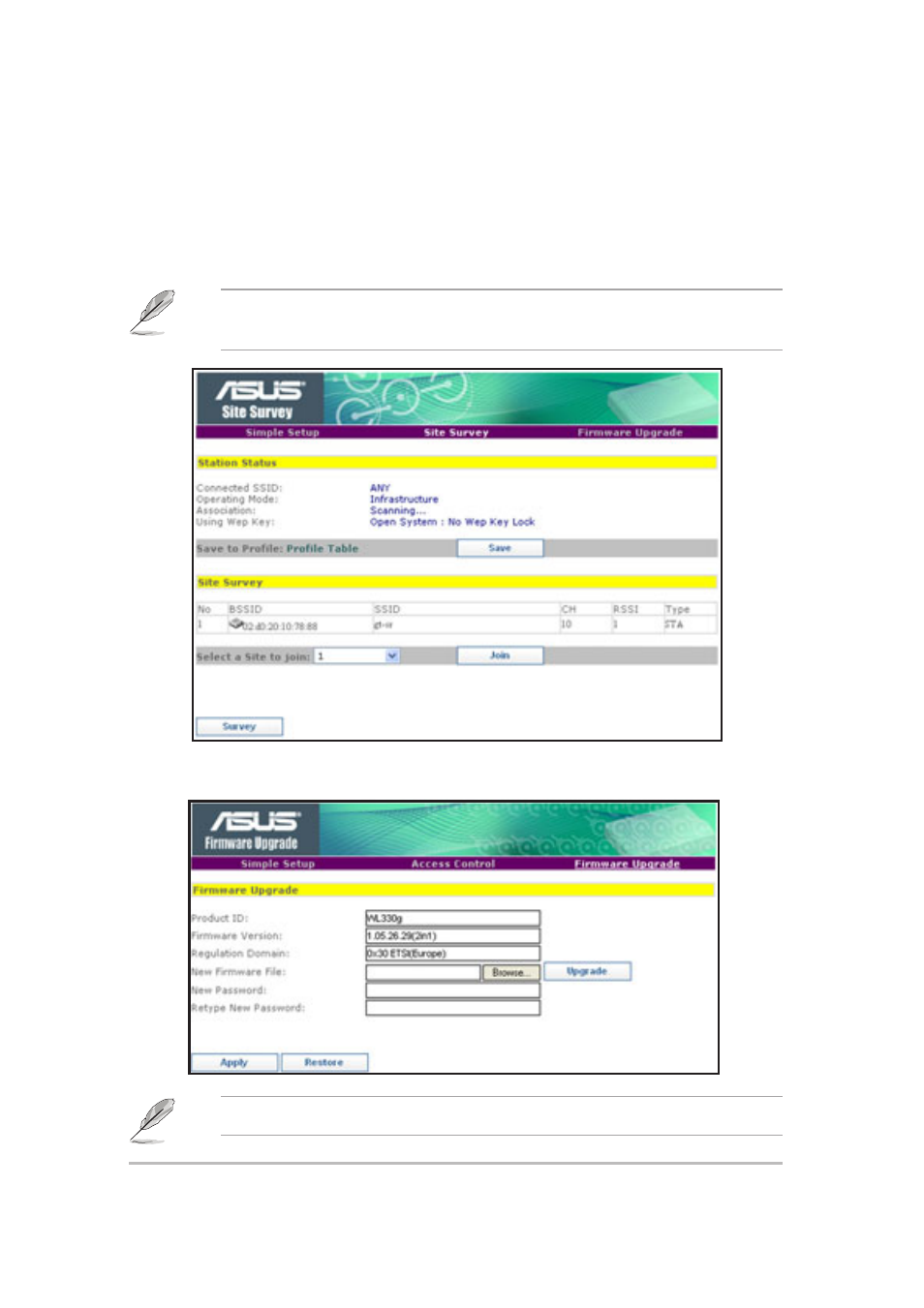 Site survey page, Firmware upgrade page | Asus WL-330g User Manual | Page 18 / 20
