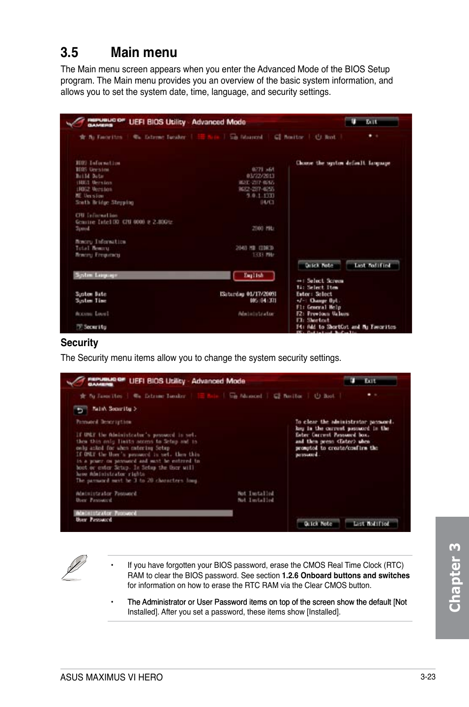 5 main menu, Main menu -23, Chapter 3 3.5 main menu | Asus MAXIMUS VI HERO User Manual | Page 101 / 182