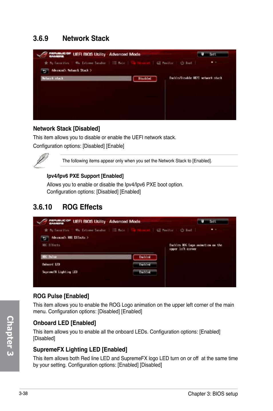 9 network stack, 10 rog effects, Network stack -38 | Rog effects -38, Chapter 3 | Asus MAXIMUS VI HERO User Manual | Page 116 / 182