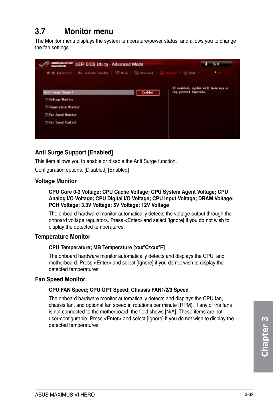7 monitor menu, Monitor menu -39, Chapter 3 3.7 monitor menu | Asus MAXIMUS VI HERO User Manual | Page 117 / 182