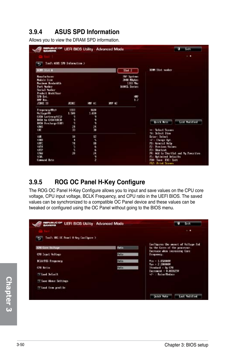 4 asus spd information, 5 rog oc panel h-key configure, Asus spd information -50 | Rog oc panel h-key configure -50, Chapter 3 | Asus MAXIMUS VI HERO User Manual | Page 128 / 182