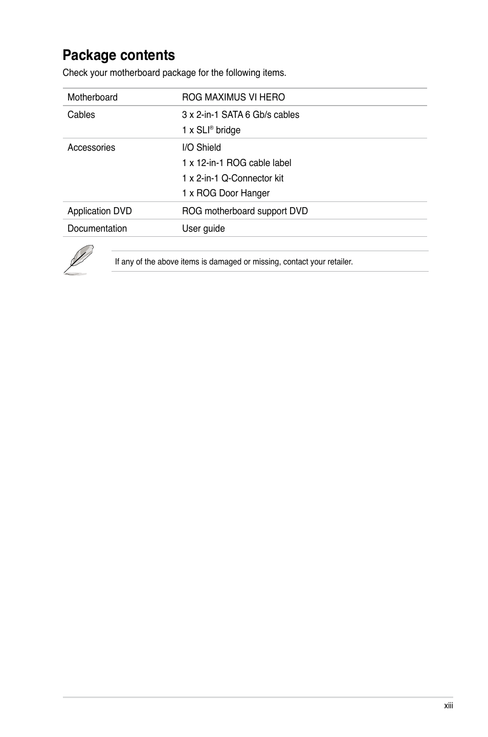 Package contents | Asus MAXIMUS VI HERO User Manual | Page 13 / 182