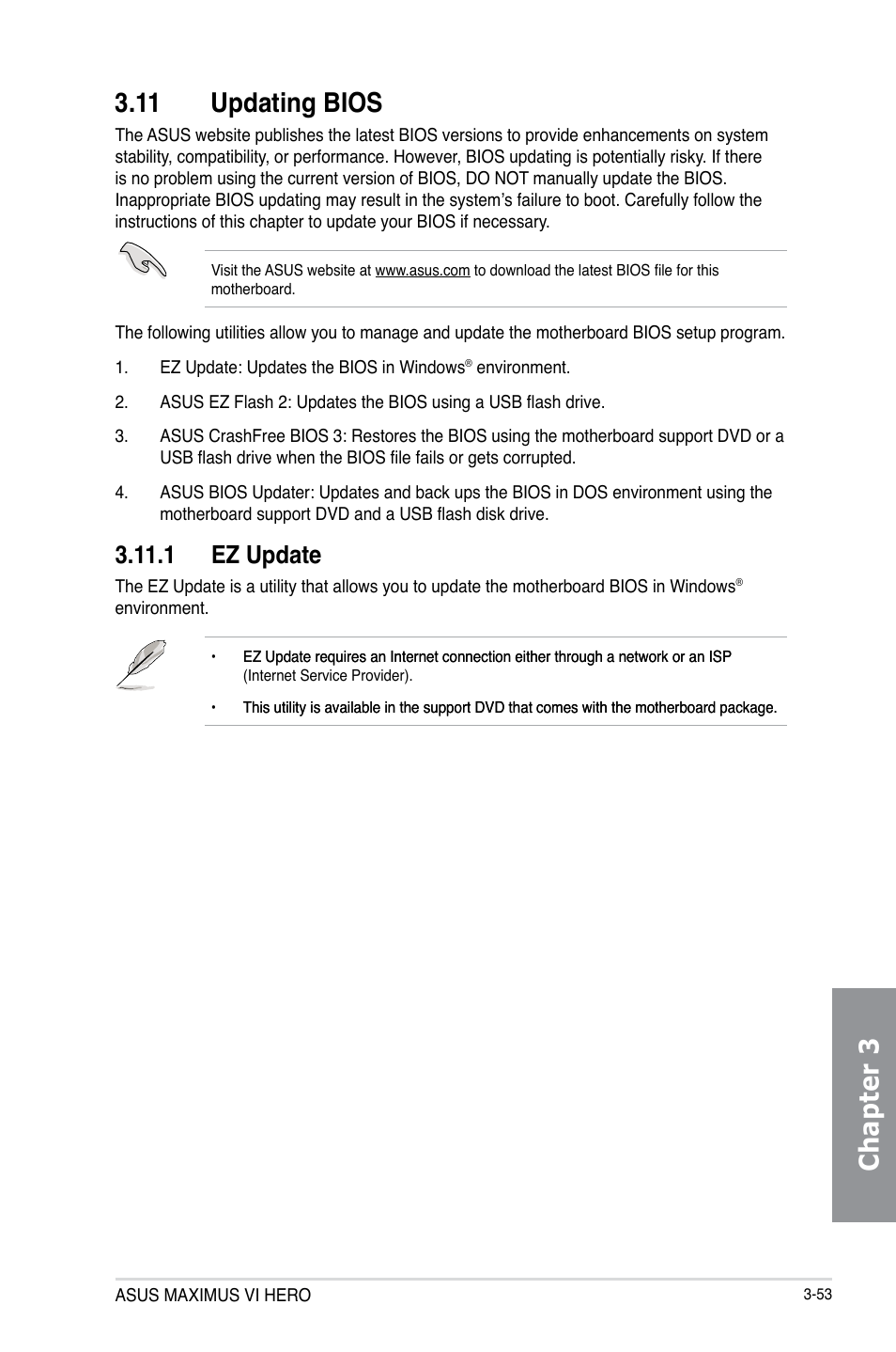 11 updating bios, 1 ez update, Updating bios -53 3.11.1 | Ez update -53, Chapter 3 3.11 updating bios | Asus MAXIMUS VI HERO User Manual | Page 131 / 182