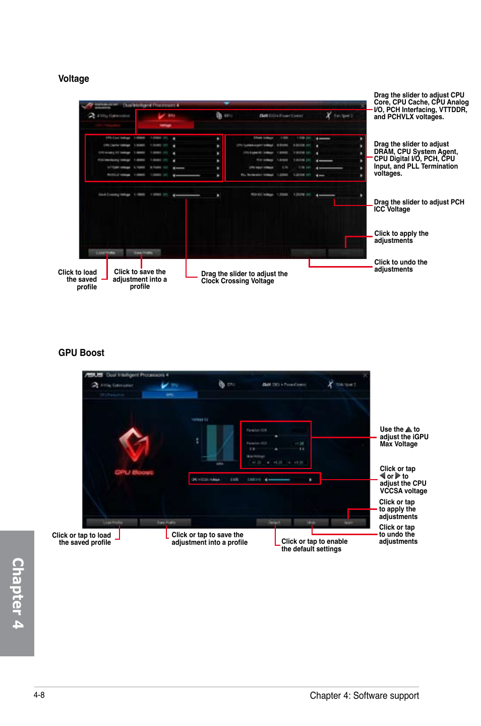 Chapter 4, Chapter 4: software support, Voltage | Gpu boost | Asus MAXIMUS VI HERO User Manual | Page 144 / 182