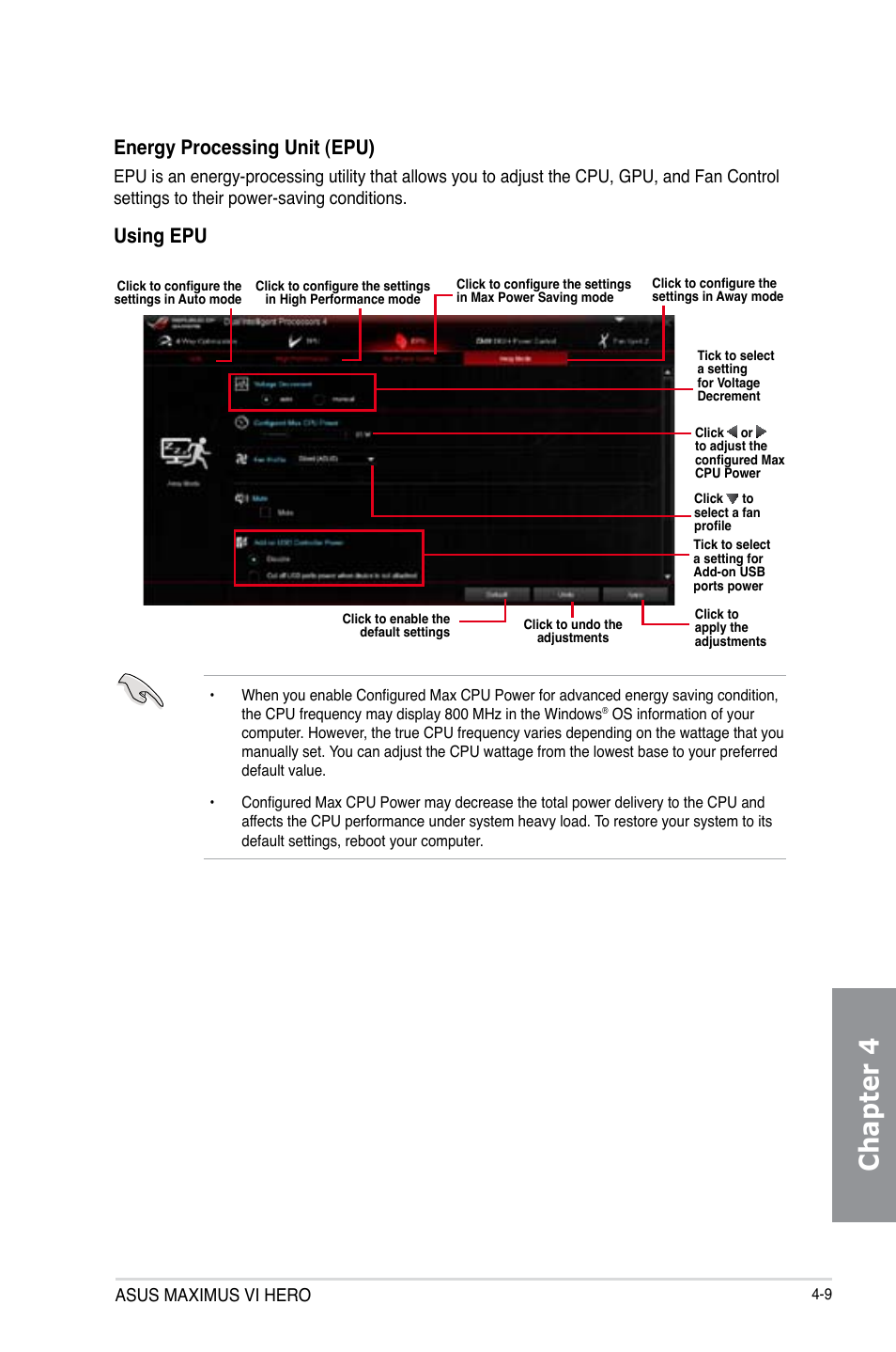 Chapter 4, Energy processing unit (epu), Using epu | Asus maximus vi hero | Asus MAXIMUS VI HERO User Manual | Page 145 / 182