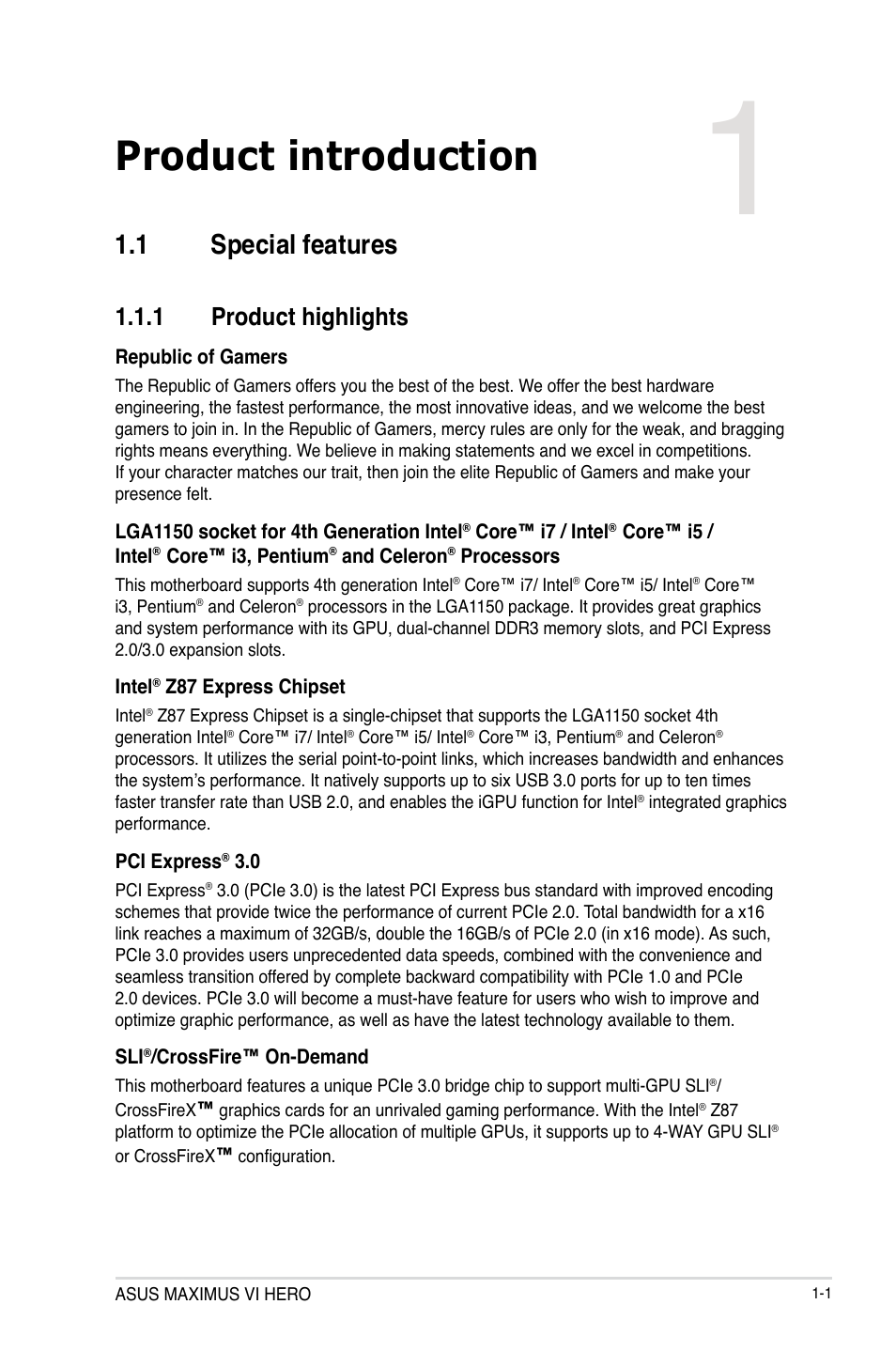 Chapter 1: product introduction, 1 special features, 1 product highlights | Chapter 1, Product introduction, Special features -1 1.1.1, Product highlights -1 | Asus MAXIMUS VI HERO User Manual | Page 15 / 182