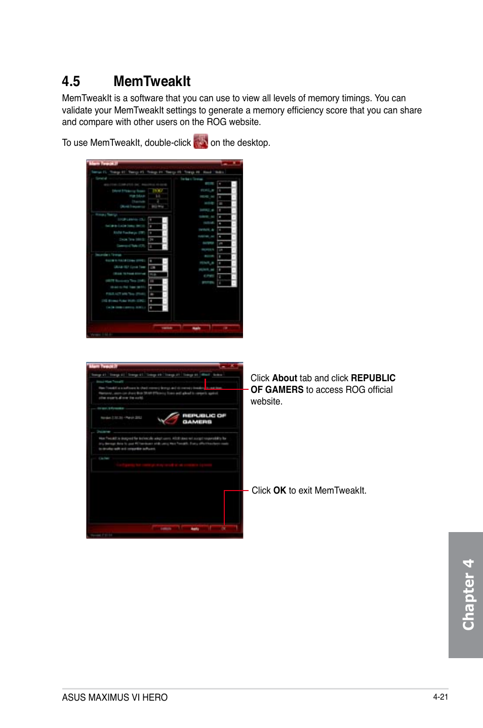 5 memtweakit, Memtweakit -21, Chapter 4 4.5 memtweakit | Asus MAXIMUS VI HERO User Manual | Page 157 / 182