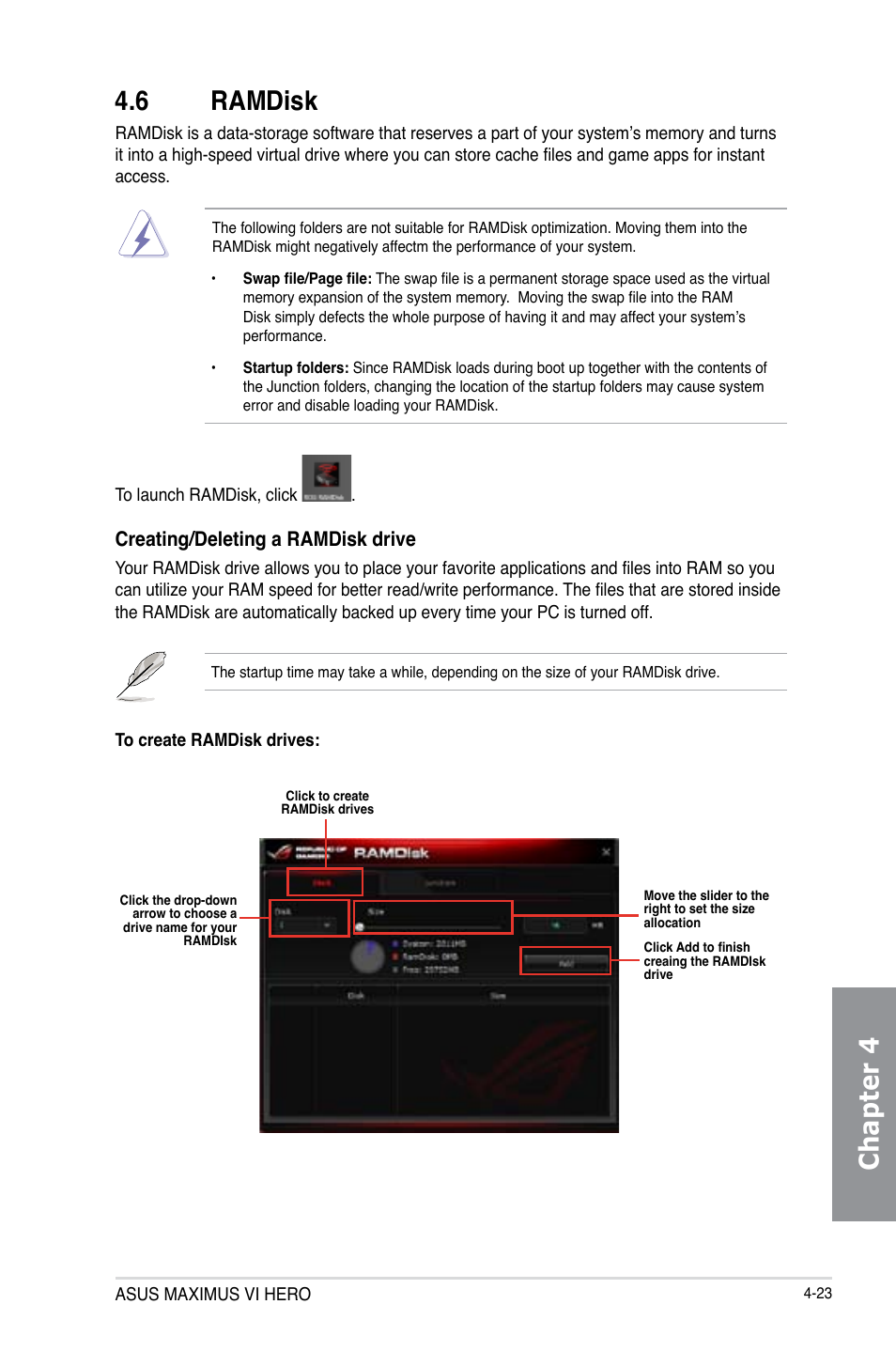 6 ramdisk, Ramdisk -23, Chapter 4 4.6 ramdisk | Creating/deleting a ramdisk drive | Asus MAXIMUS VI HERO User Manual | Page 159 / 182