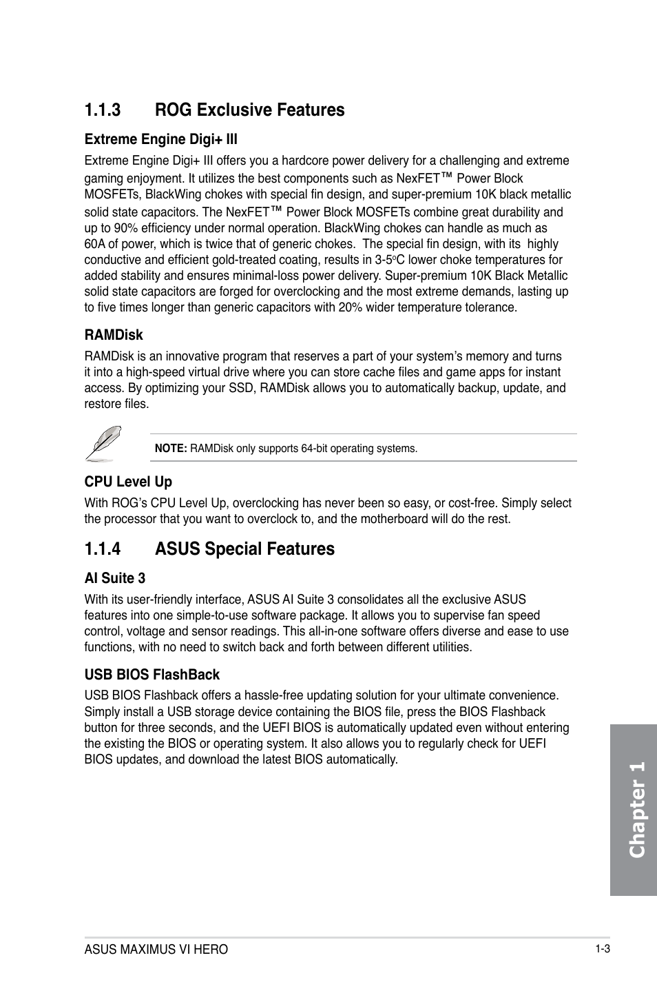 3 rog exclusive features, 4 asus special features, Rog exclusive features -3 | Asus special features -3, Chapter 1 | Asus MAXIMUS VI HERO User Manual | Page 17 / 182