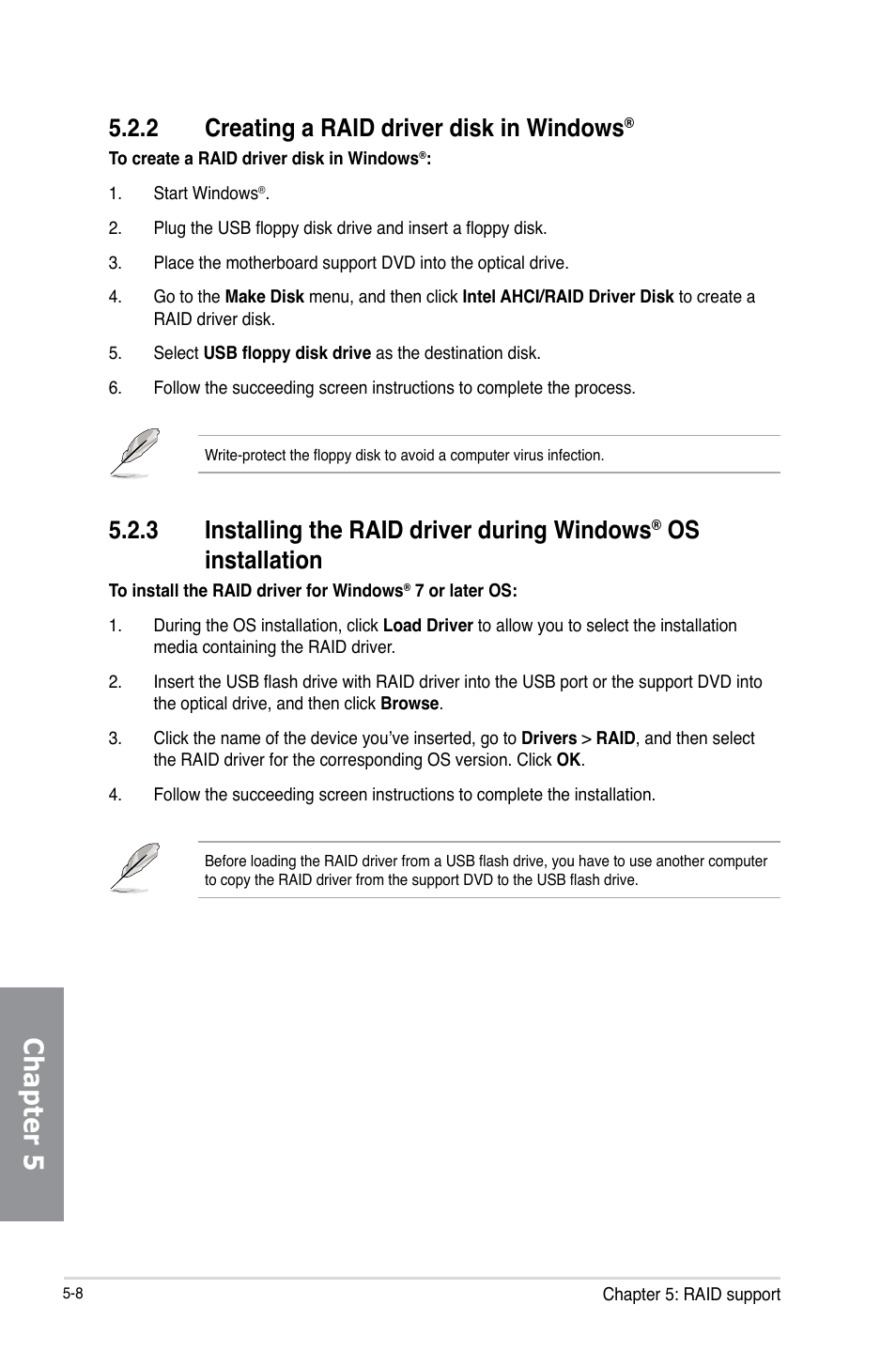 2 creating a raid driver disk in windows, Creating a raid driver disk in windows, Installing the raid driver during windows | Os installation -8, Chapter 5, 3 installing the raid driver during windows, Os installation | Asus MAXIMUS VI HERO User Manual | Page 176 / 182