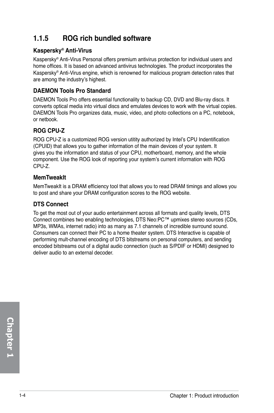 5 rog rich bundled software, Rog rich bundled software -4, Chapter 1 | Asus MAXIMUS VI HERO User Manual | Page 18 / 182
