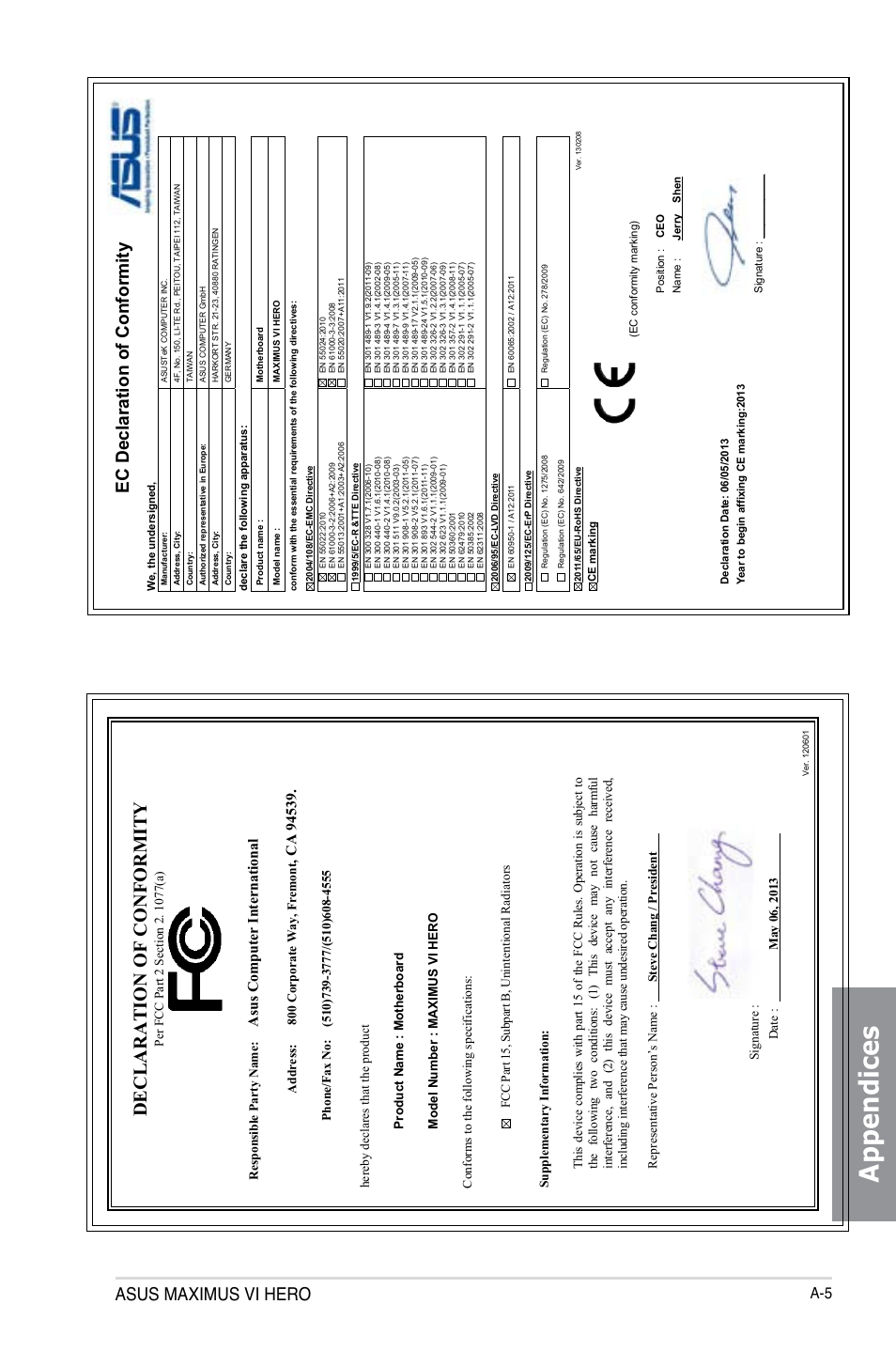 Appendices, Declaration of conformity, Asus maximus vi hero | Ec declaration of conformity, Asu s c om pu te r in te rn at io na l | Asus MAXIMUS VI HERO User Manual | Page 181 / 182