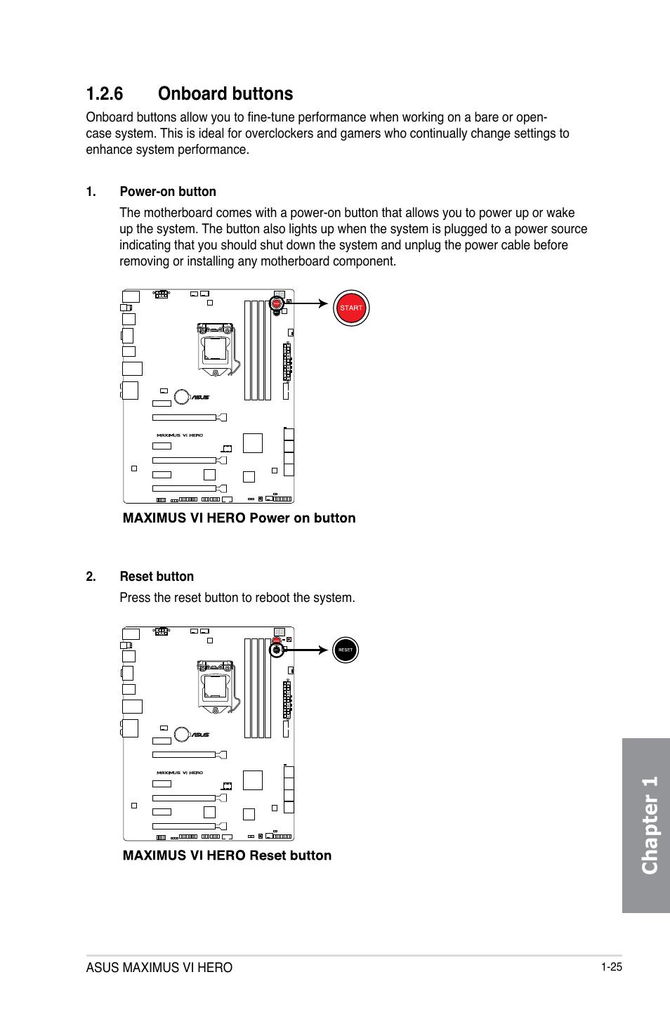 6 onboard buttons, Onboard buttons -25, Chapter 1 | Asus MAXIMUS VI HERO User Manual | Page 39 / 182